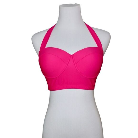 Retro Sexy Hot Pink Underwire Bikini Halter Swim Top MEDIUM 60s Inspired Beach - Picture 1 of 8